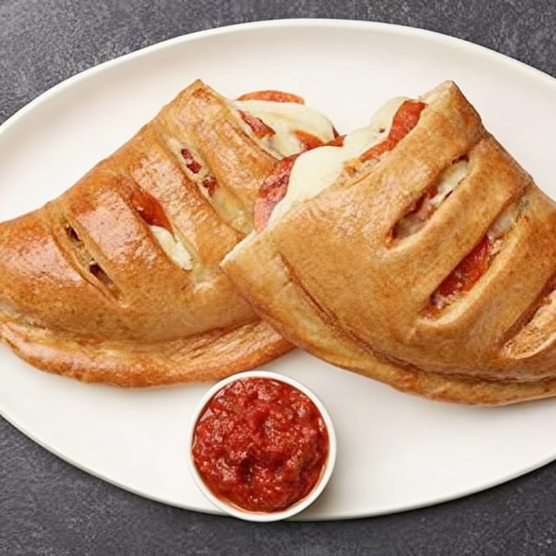 Two golden-brown Paisanos Pizza calzones filled with pepperoni and cheese, served with a side of marinara.