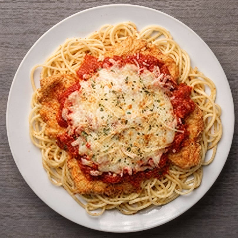 Chicken Parmesan with spaghetti, red sauce, and melted cheese on a white plate.