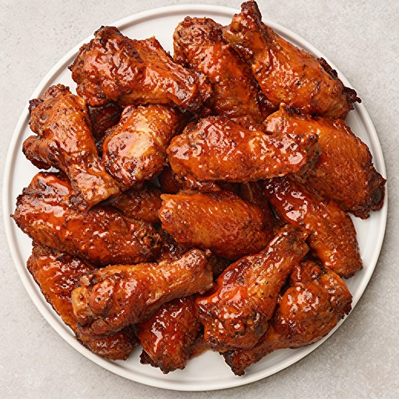 A white plate piled high with glistening, saucy chicken wings from Paisanos Pizza.