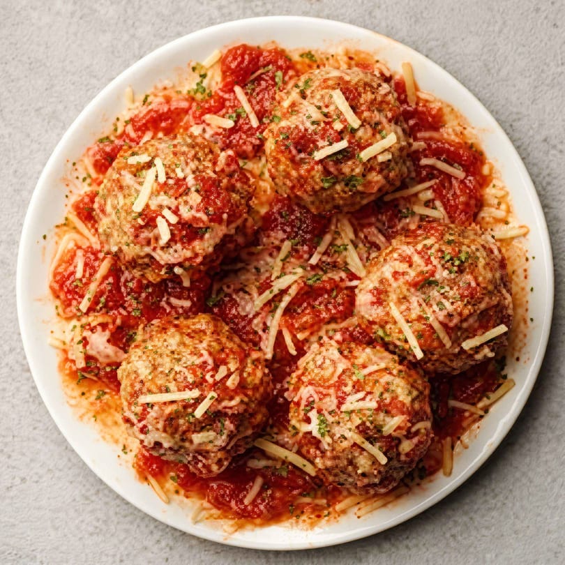 Five large meatballs covered in red sauce, parmesan cheese, and parsley on a white plate.